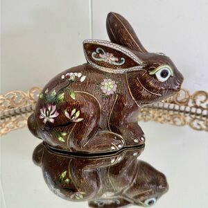 Vintage Cloisonné Bunny Rabbit Figurine Adorned with Floral Motifs.